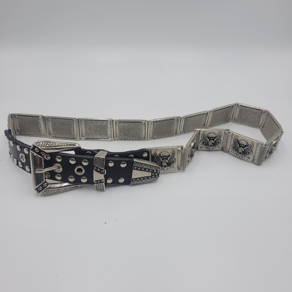 Y2K Eagle Mesh Concho Leather Belt  Silver Tone Paris Rome New York Size 30 VTG